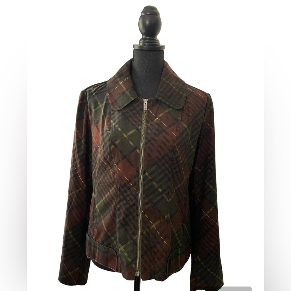 Cato Cropped Velour Jacket Women 12 Cropped Plaid Zip Up Faux Pockets Brown Grn